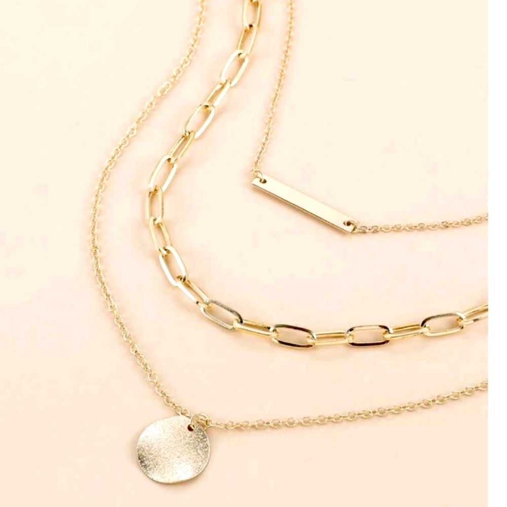 Anthropologie Triple Layered Hammered Charm, Bar & Paperclip Gold Necklace - Picture 2 of 2
